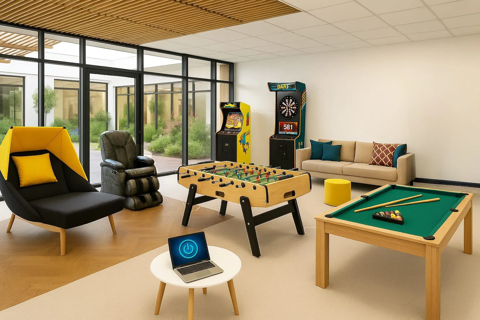 Salon lumineux équipé d'un baby-foot, d'un billard et d'une borne d'arcade