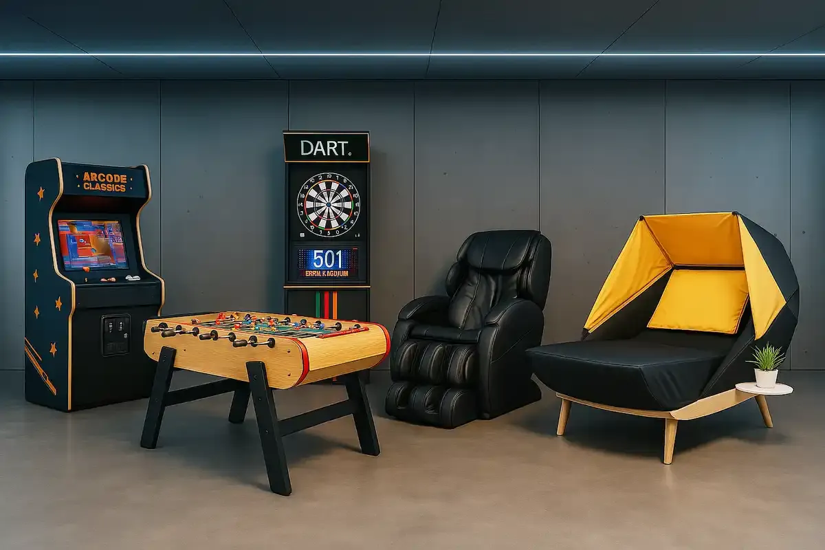 Borne d'arcade, fléchettes, baby-foot et fauteuil massant dans le showroom RESTART