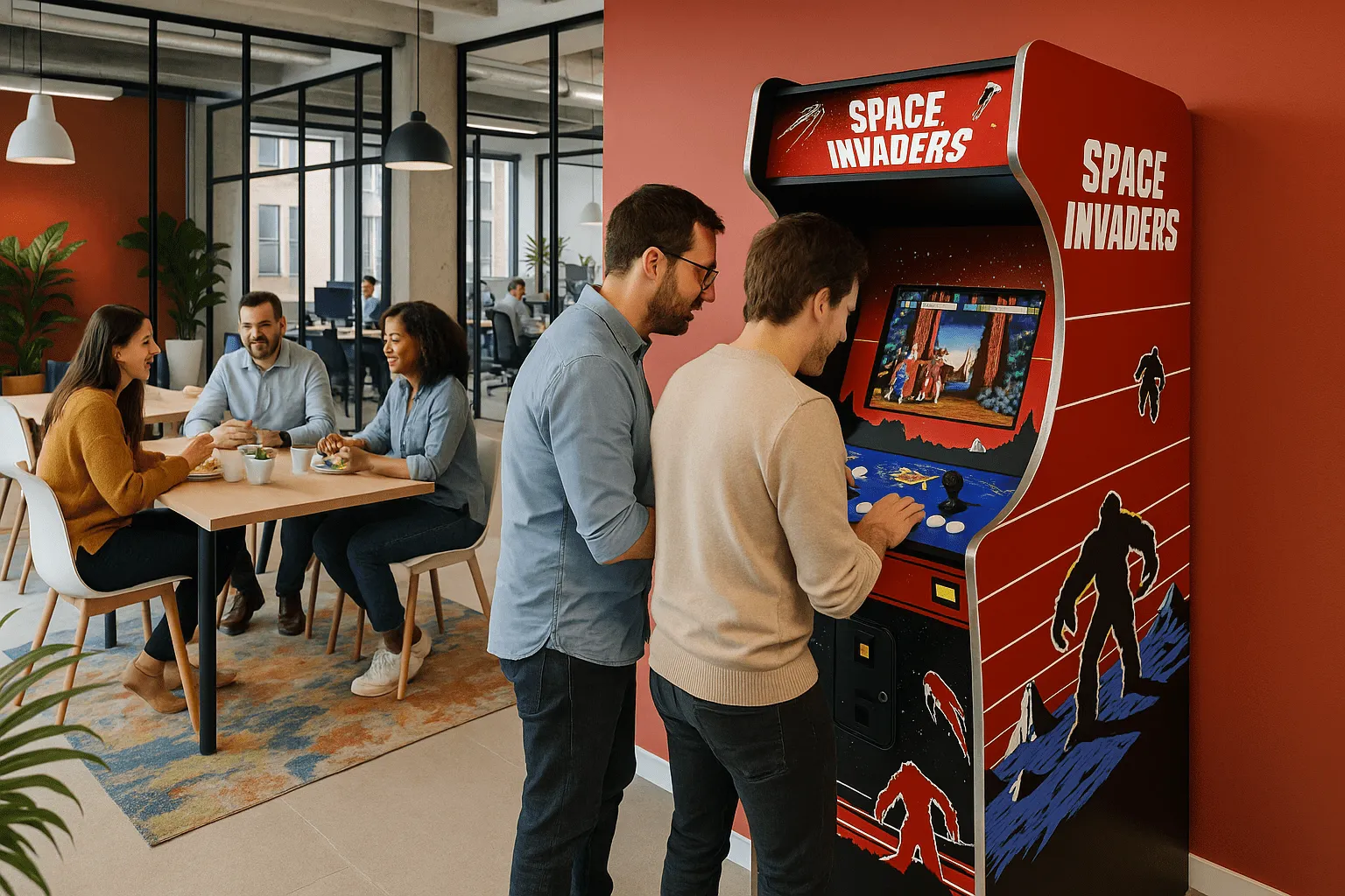 Collègues autour d'une borne d'arcade dans l'espace de pause d'une entreprise