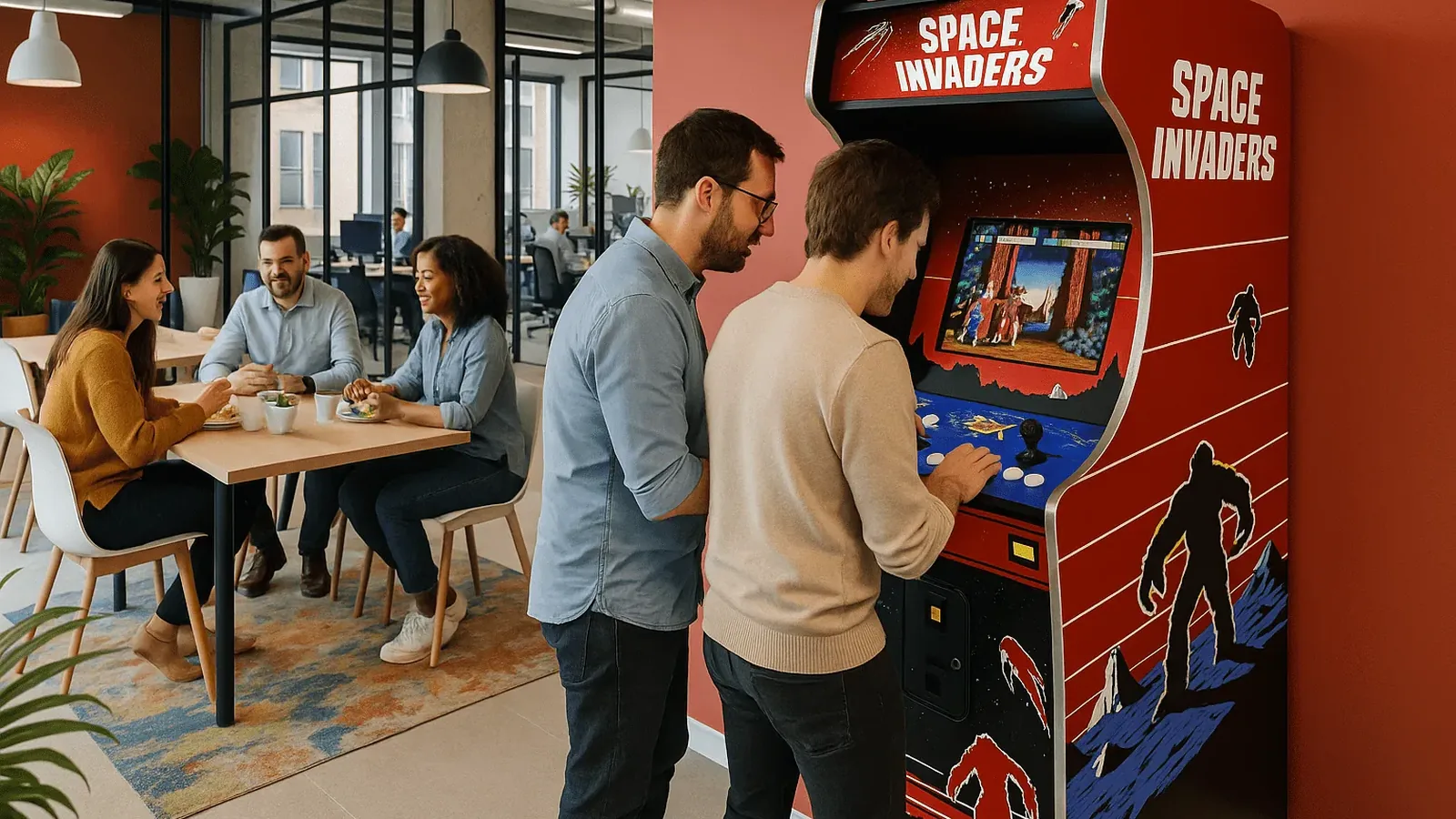 Deux collègues jouent sur une borne d'arcade dans un espace de pause
