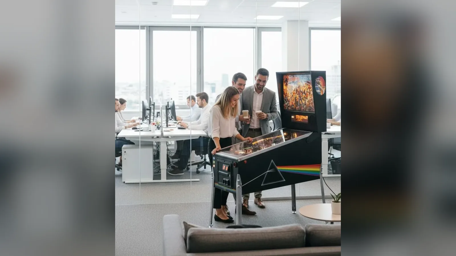 Flipper numérique dans un open space, des collègues autour