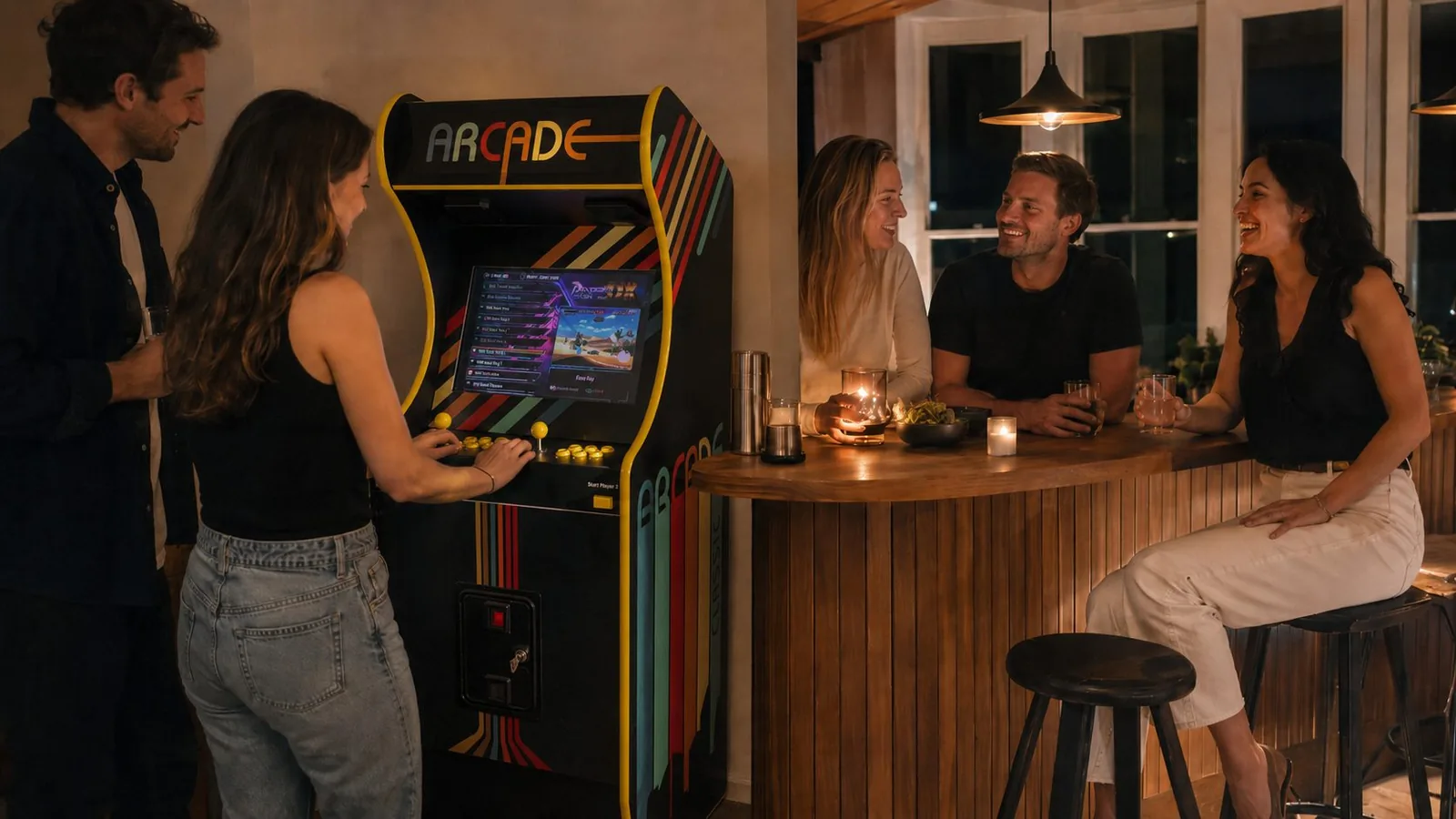 Amis autour d'une borne d'arcade