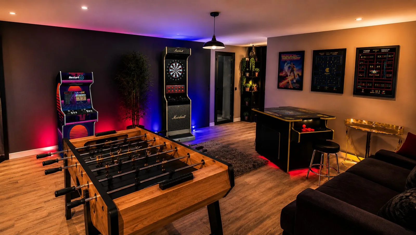 Salle de jeux complète : baby-foot, borne d'arcade, fléchettes et néons
